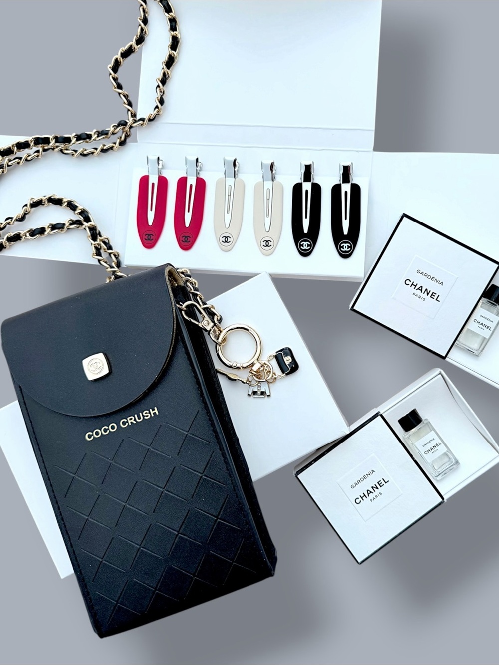 Chanel Beauté GWP Coco Crush Phone Pouch, Hair Clips & 2 Gardénia Minis
